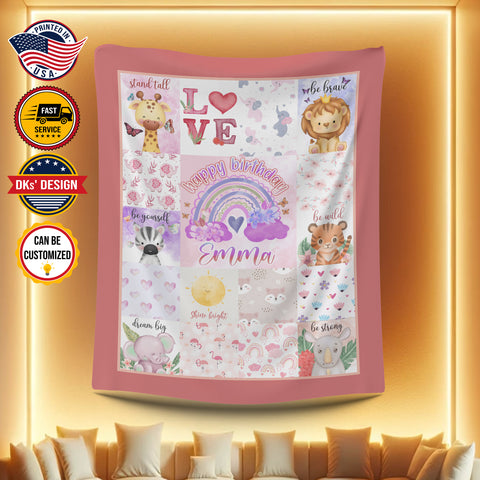 Image of USA Printed Custom Blanket, Birthday Baby Girl Blanket, Personalized Blanket, Rainbow Girl Blanket, Animals Blanket For Girl, Custom Name Blanket, Girl Blanket, Birthday Gift, Baby Shower Gift, Sherpa Blanket, Fleece Blanket