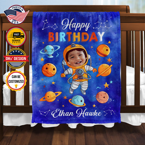 Image of Personalized Birthday Astronaut Blanket, Custom Baby Boy Blanket, Space Baby Blanket, Toddler Baby Boy Outer Space Astronaut Blanket, Birthday Gift