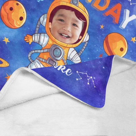 Image of USA Printed Custom Blanket, Birthday Astronaut Boy Blanket, Space Baby Blanket, Personalized Blanket, Birthday Astronaut Blanket, Custom Name Photo Blanket, Baby Shower Gift, Boy Outer Space Astronaut Sherpa Blanket, Fleece Blanket