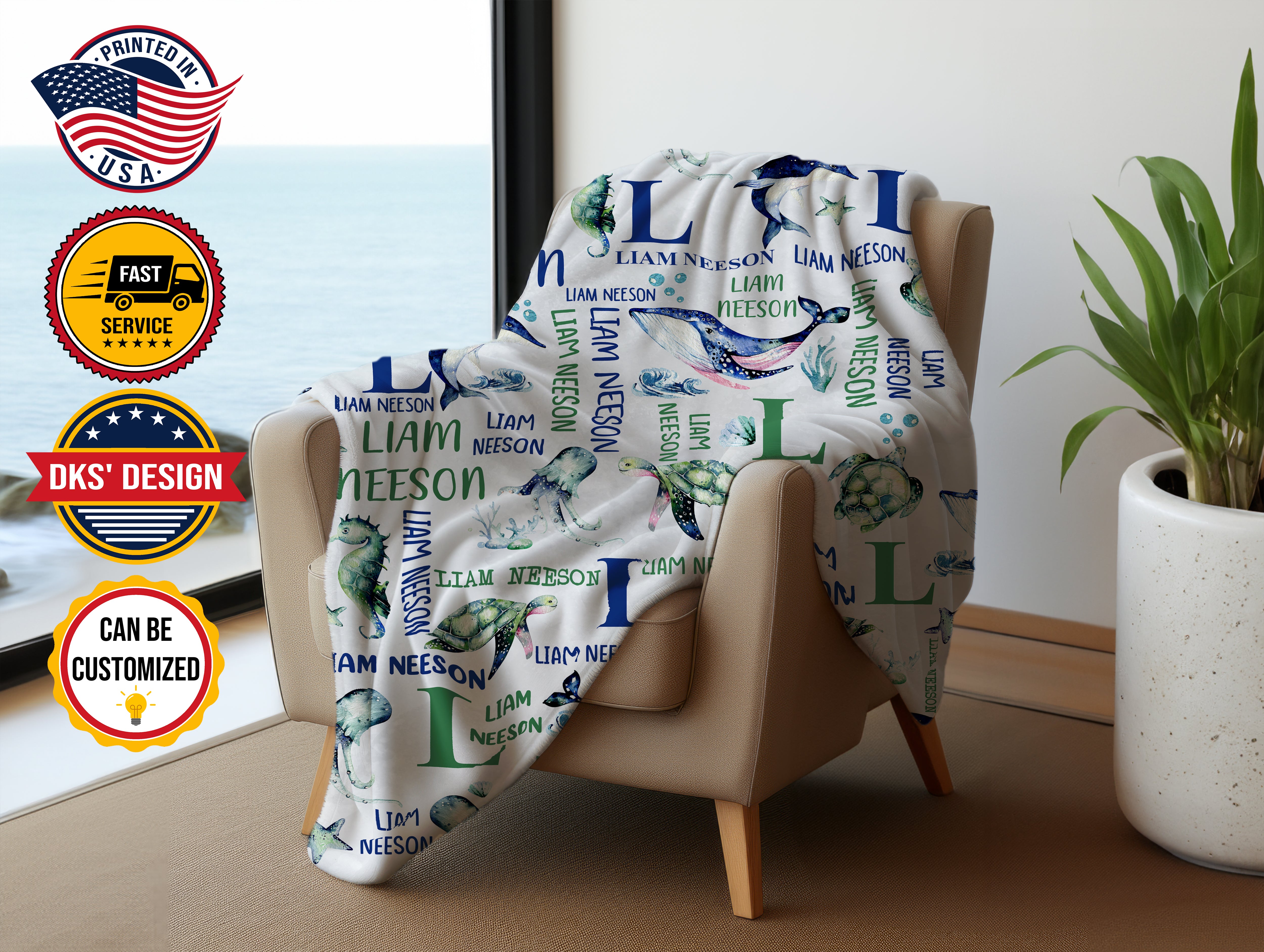 Personalized Baby Blanket, Custom Sea Animals Baby Blanket, Under The Sea Blanket, Ocean Baby Boy Blanket, Baby Shower Gift