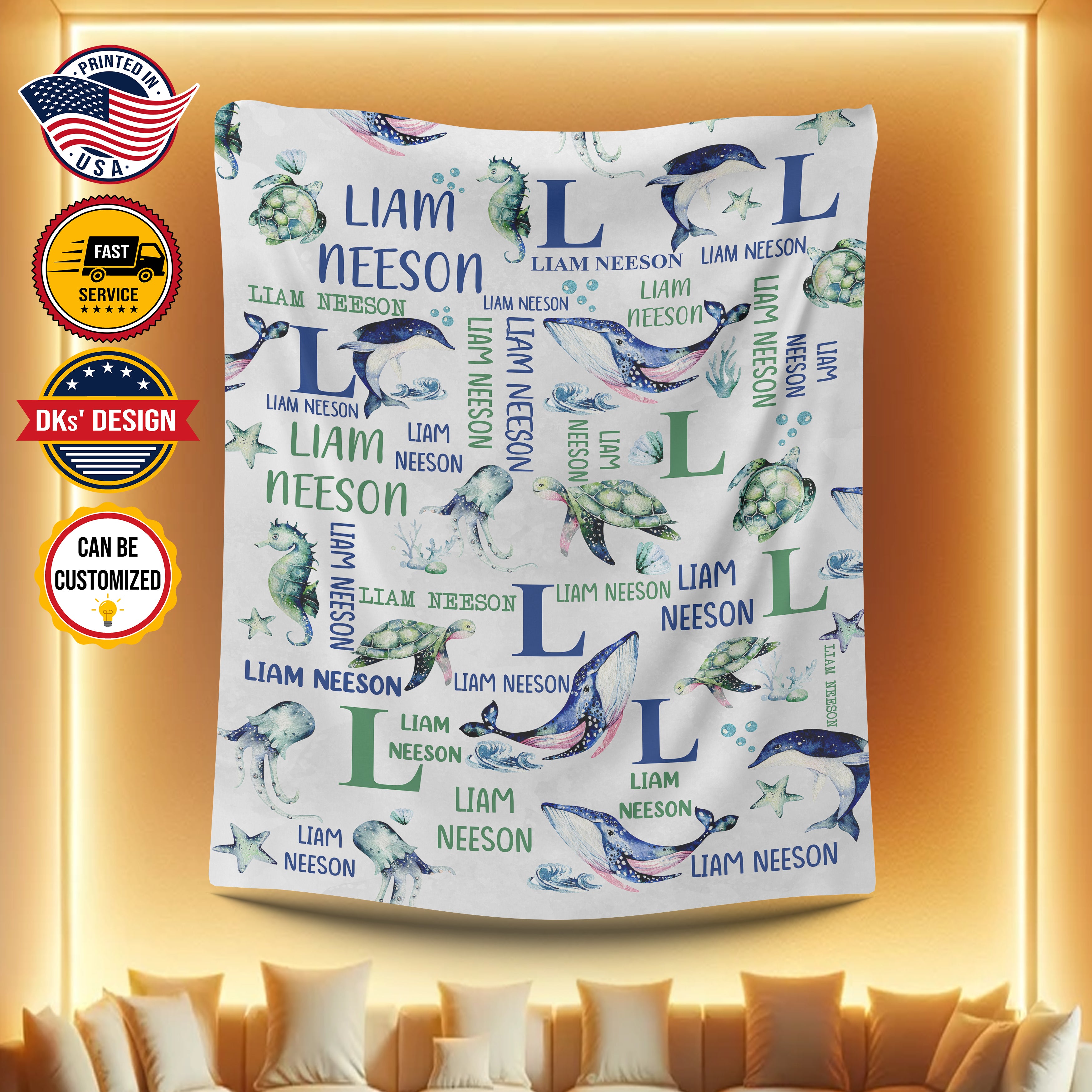 Personalized Baby Blanket, Custom Sea Animals Baby Blanket, Under The Sea Blanket, Ocean Baby Boy Blanket, Baby Shower Gift