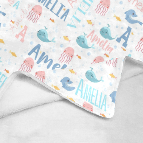 Image of Personalized Baby Blanket, Custom Sea Animals Girl Blanket,Ocean Animals Blanket, Ocean Baby Blanket, The Sea Nursery Blanket, Baby Shower Gift