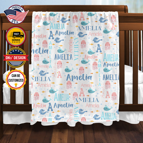 Image of Personalized Baby Blanket, Custom Sea Animals Girl Blanket,Ocean Animals Blanket, Ocean Baby Blanket, The Sea Nursery Blanket, Baby Shower Gift