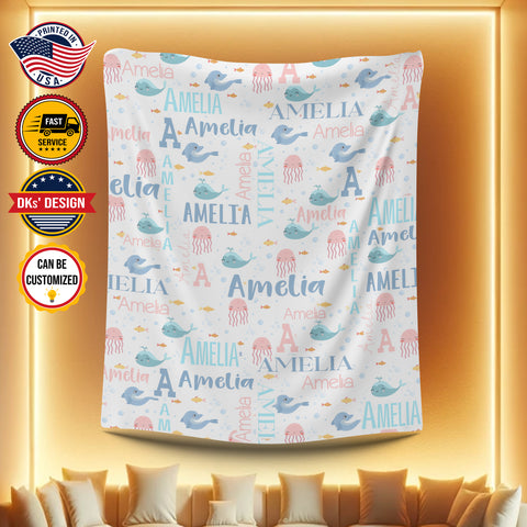 Image of Personalized Baby Blanket, Custom Sea Animals Girl Blanket,Ocean Animals Blanket, Ocean Baby Blanket, The Sea Nursery Blanket, Baby Shower Gift