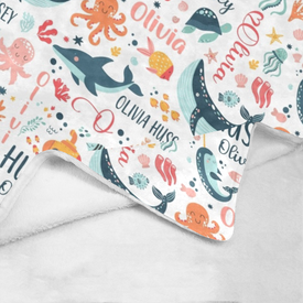 Personalized Baby Girl Blanket, Custom Colorful Ocean Animals Blanket, Sea Animals Blanket, Under The Sea Blanket, Baby Shower Gift