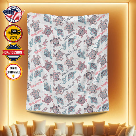 Image of USA Printed Custom Blanket, Sea Turtle Blanket, Personalized Blanket, Custom Name Blanket, Sea Turtle Baby Blanket, Girl Blanket, Turtle Baby Blanket, Ocean Sherpa Blanket, Fleece Blanket, Baby Shower Gift