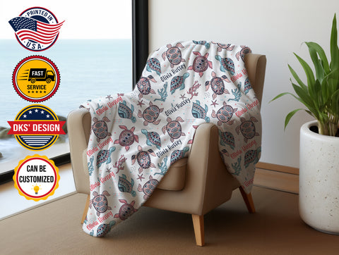 Image of USA Printed Custom Blanket, Sea Turtle Blanket, Personalized Blanket, Custom Name Blanket, Sea Turtle Baby Blanket, Girl Blanket, Turtle Baby Blanket, Ocean Sherpa Blanket, Fleece Blanket, Baby Shower Gift