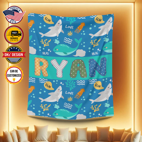 Image of USA Printed Custom Blanket, Colorful Doodle Sea Animals Blanket, Personalized Blanket, Ocean Animals Blanket, Ocean Boy Blanket, Boy Blanket, The Sea Nursery Blanket, Sea Animals Sherpa Blanket, Fleece Blanket