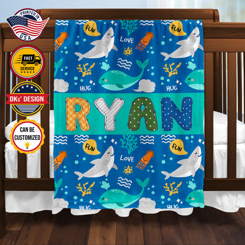 Image of Personalized Baby Blanket, Custom Colorful Doodle Sea Animals Blanket, Ocean Animals Blanket, Ocean Boy Blanket, The Sea Nursery Blanket