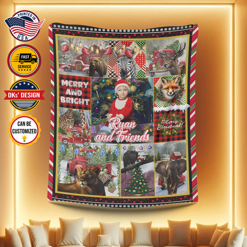 Image of USA Printed Custom Blanket, Christmas Red Car And Wildlife Blanket, Personalized Blanket, Christmas Wildlife Blanket, Christmas Camper Truck Blanket, Boy Blanket, Christmas Baby Blanket, Christmas Animals Sherpa Blanket, Fleece Blanket
