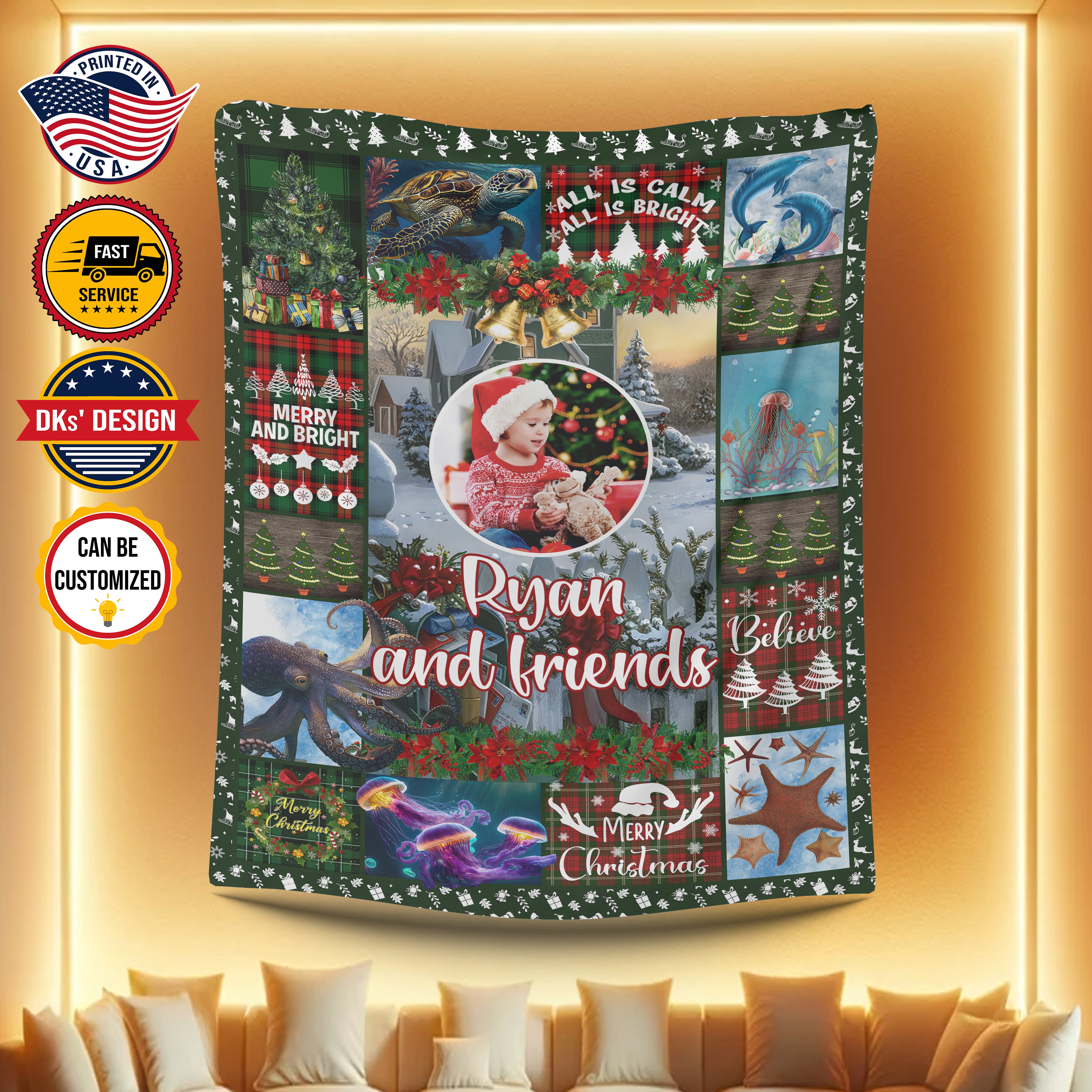 Personalized Christmas Baby Blanket, Custom Ocean Animals Friend Blanket, Christmas Friends Blanket, Sea Animals Baby, Christmas Gift