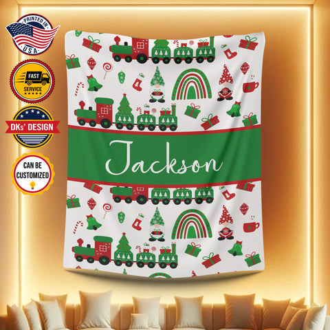 Image of USA Printed Custom Blanket, Baby Christmas Blanket, Personalized Blanket, Christmas Rainbow Train Blanket, Boy Blanket, Custom Name Blanket, Baby Shower Gift Sherpa Blanket, Christmas Fleece Blanket