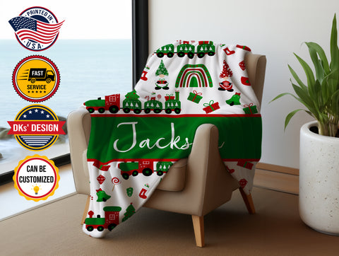 Image of USA Printed Custom Blanket, Baby Christmas Blanket, Personalized Blanket, Christmas Rainbow Train Blanket, Boy Blanket, Custom Name Blanket, Baby Shower Gift Sherpa Blanket, Christmas Fleece Blanket
