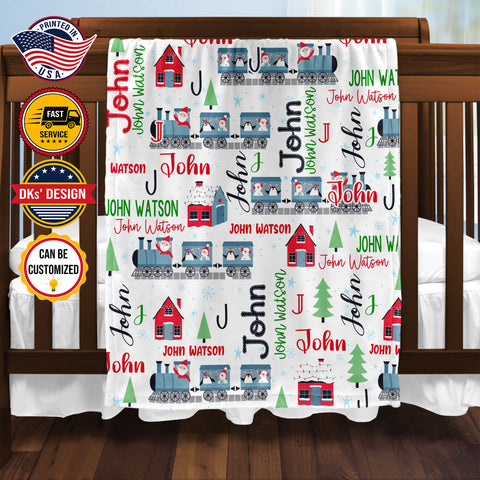 Image of Personalized Christmas Blanket, Custom Baby Christmas Trains Blanket, Christmas Santa Penguin Train Blanket, Train Baby Blanket, Christmas Gifts