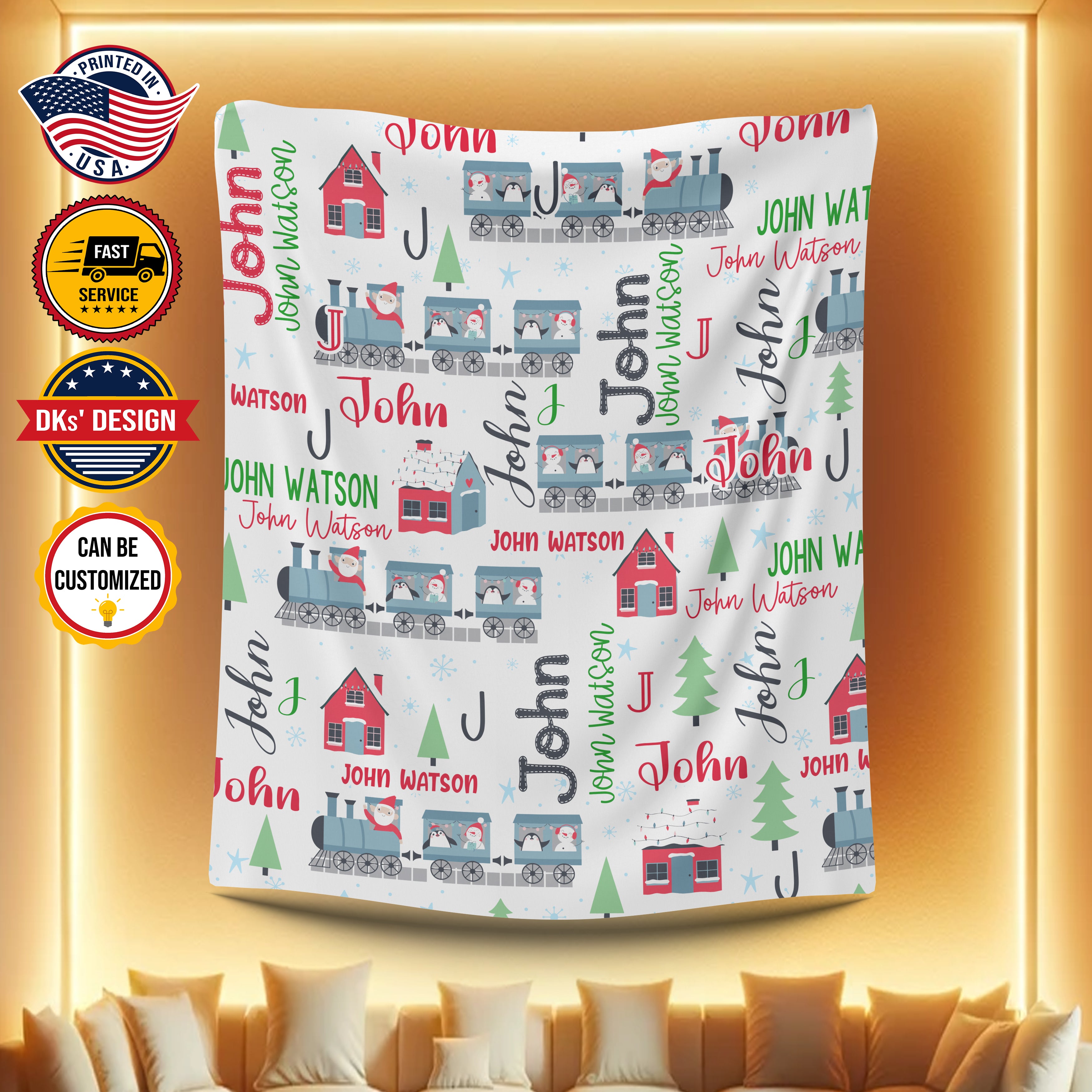 Personalized Christmas Blanket, Custom Baby Christmas Trains Blanket, Christmas Santa Penguin Train Blanket, Train Baby Blanket, Christmas Gifts
