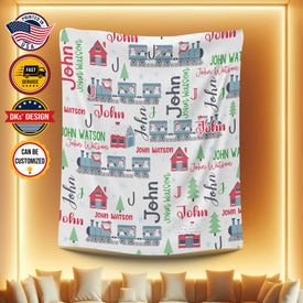 Personalized Christmas Blanket, Custom Baby Christmas Trains Blanket, Christmas Santa Penguin Train Blanket, Train Baby Blanket, Christmas Gifts