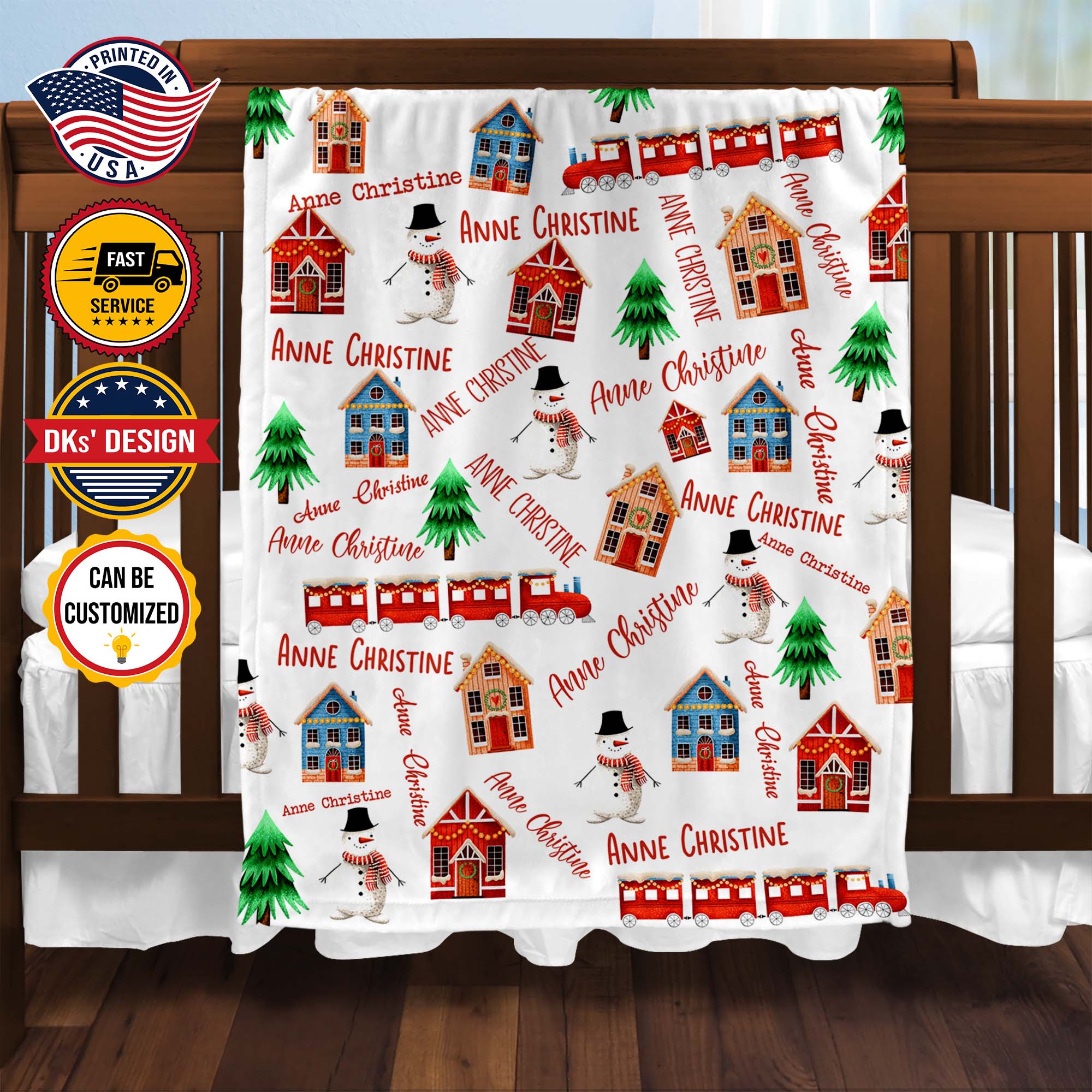 Personalized Christmas Blanket, Custom Baby Christmas Theme Blanket, Christmas Train House Snowman Pine Tree Blanket, Christmas Gift
