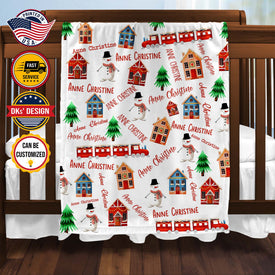 Personalized Christmas Blanket, Custom Baby Christmas Theme Blanket, Christmas Train House Snowman Pine Tree Blanket, Christmas Gift