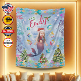 Personalized Christmas Mermaid Blanket, Custom Baby Girl Christmas Blanket, Christmas Baby Blanket, Baby Mermaid Blanket, Christmas Gift