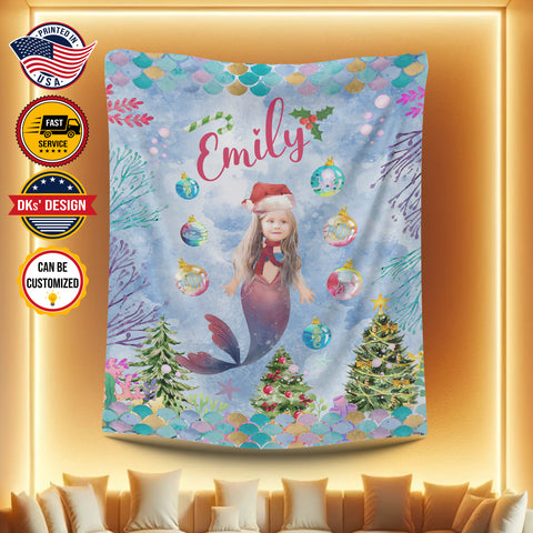 Image of USA Printed Custom Blanket, Christmas Mermaid Blanket, Personalize Blanket, Girl Christmas Blanket, Christmas Baby Blanket, Baby Mermaid Blanket, Girl Blanket, Mermaid Blanket For Girls, Mermaid Sherpa Blanket, Fleece Blanket