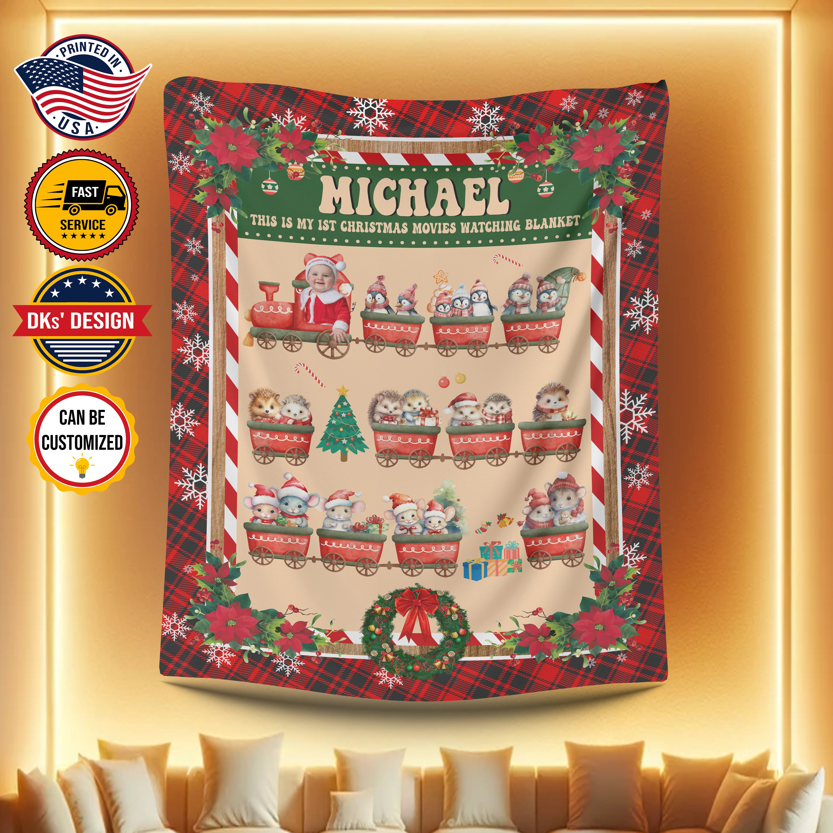 Personalized Christmas Blanket, Custom Baby Animals Train Christmas Blanket, Baby First Christmas Blanket, Train Animals Blanket, Christmas Gift