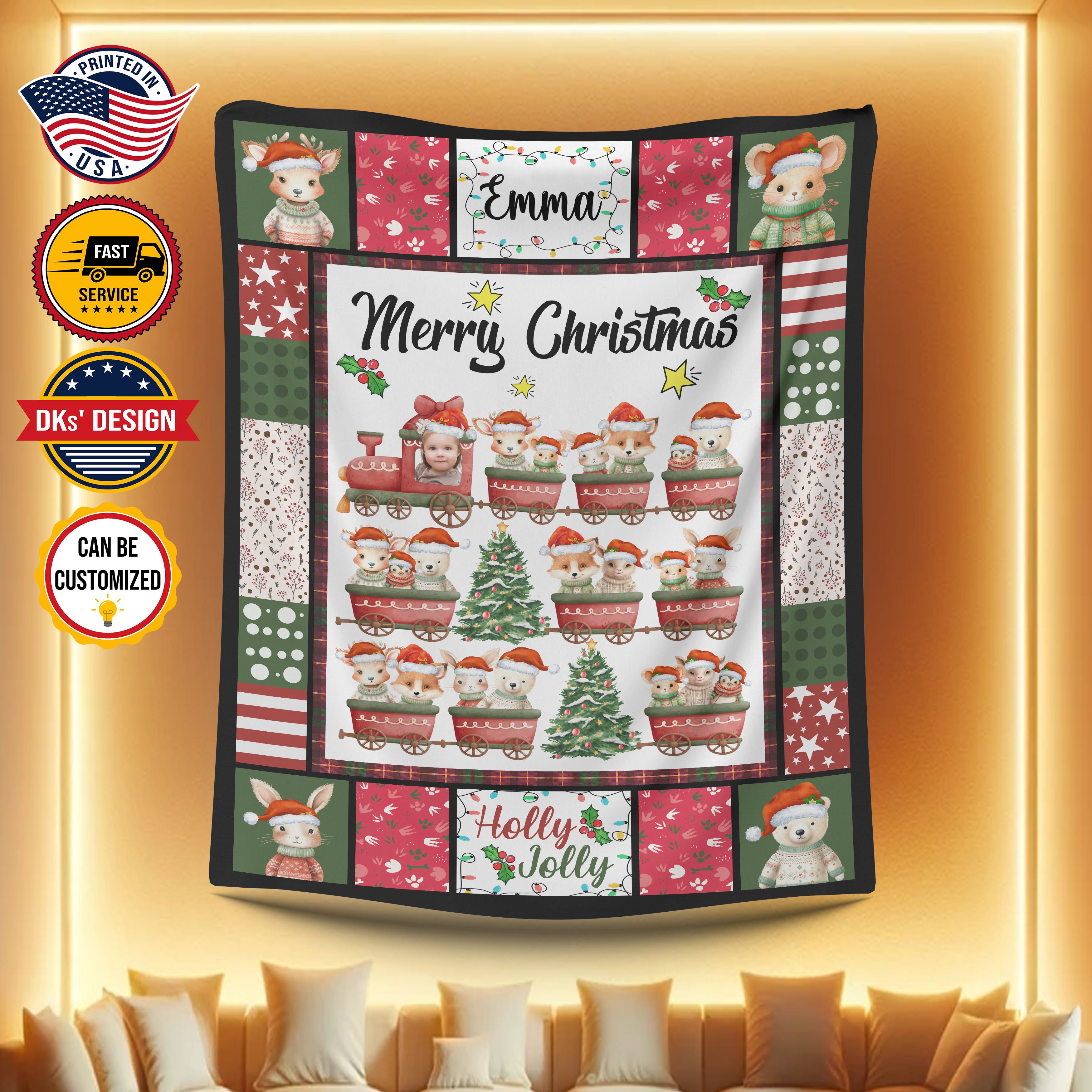 Personalized Christmas Blanket, Custom Baby Animals Train Christmas Blanket, Christmas Train Animals Blanket, Train Baby Blanket, Christmas Gift