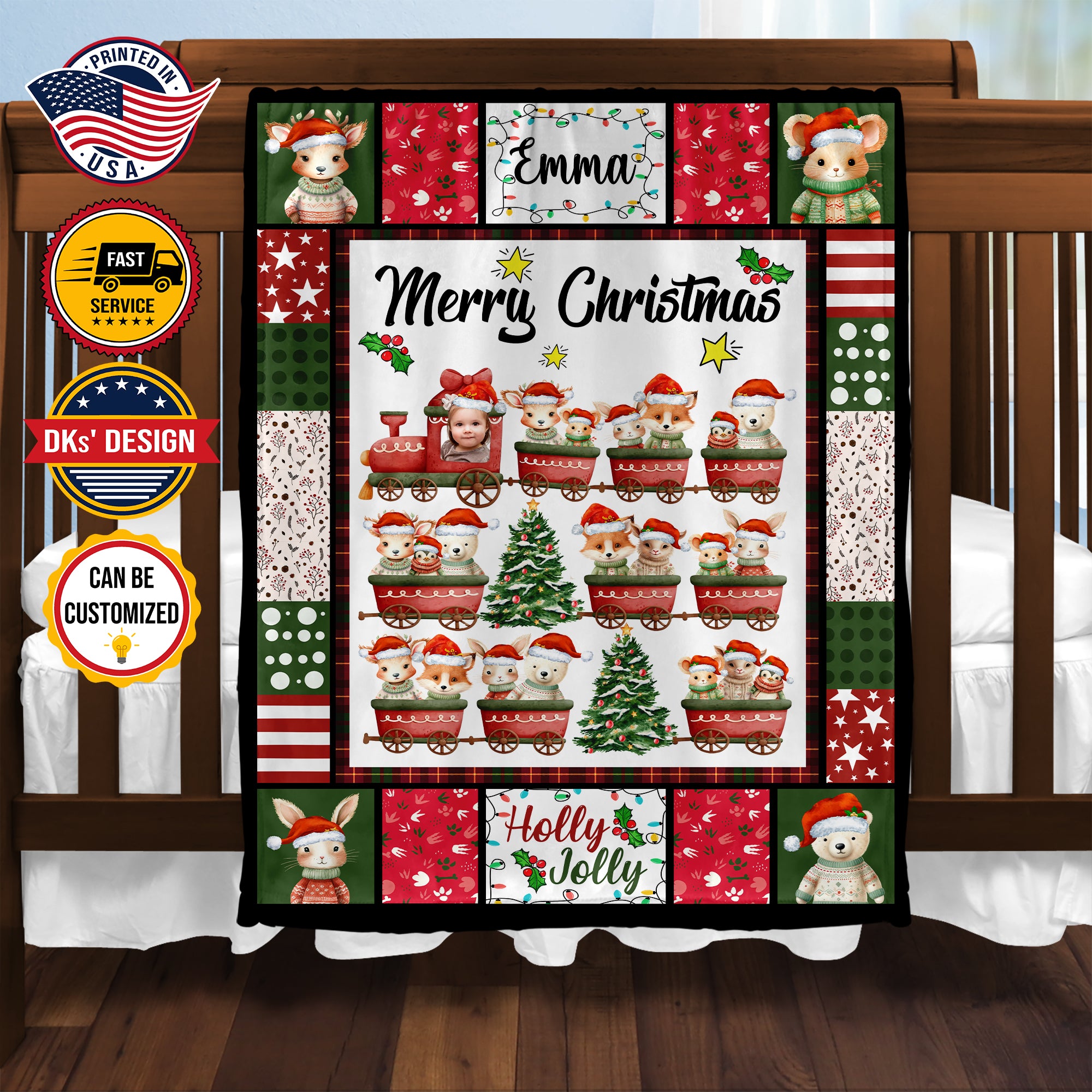 Personalized Christmas Blanket, Custom Baby Animals Train Christmas Blanket, Christmas Train Animals Blanket, Train Baby Blanket, Christmas Gift