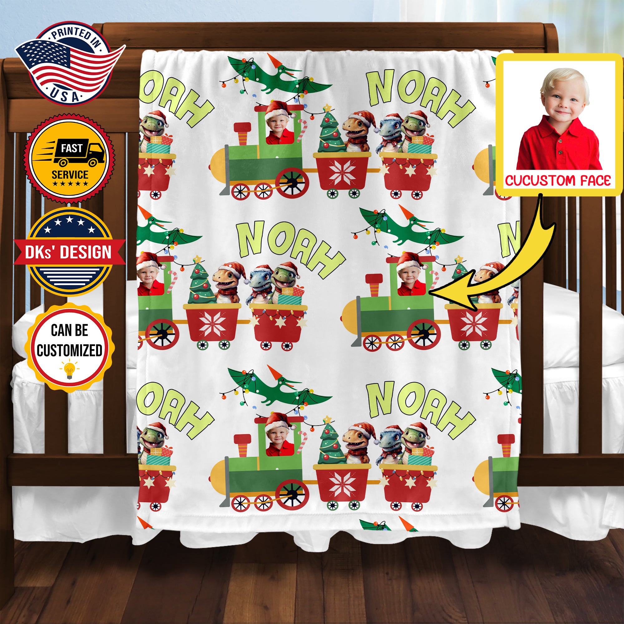 Personalized Christmas Blanket, Custom Dinosaur Christmas Train Blanket, Christmas Dino Name Blanket, Christmas Baby Blanket, Christmas Gifts