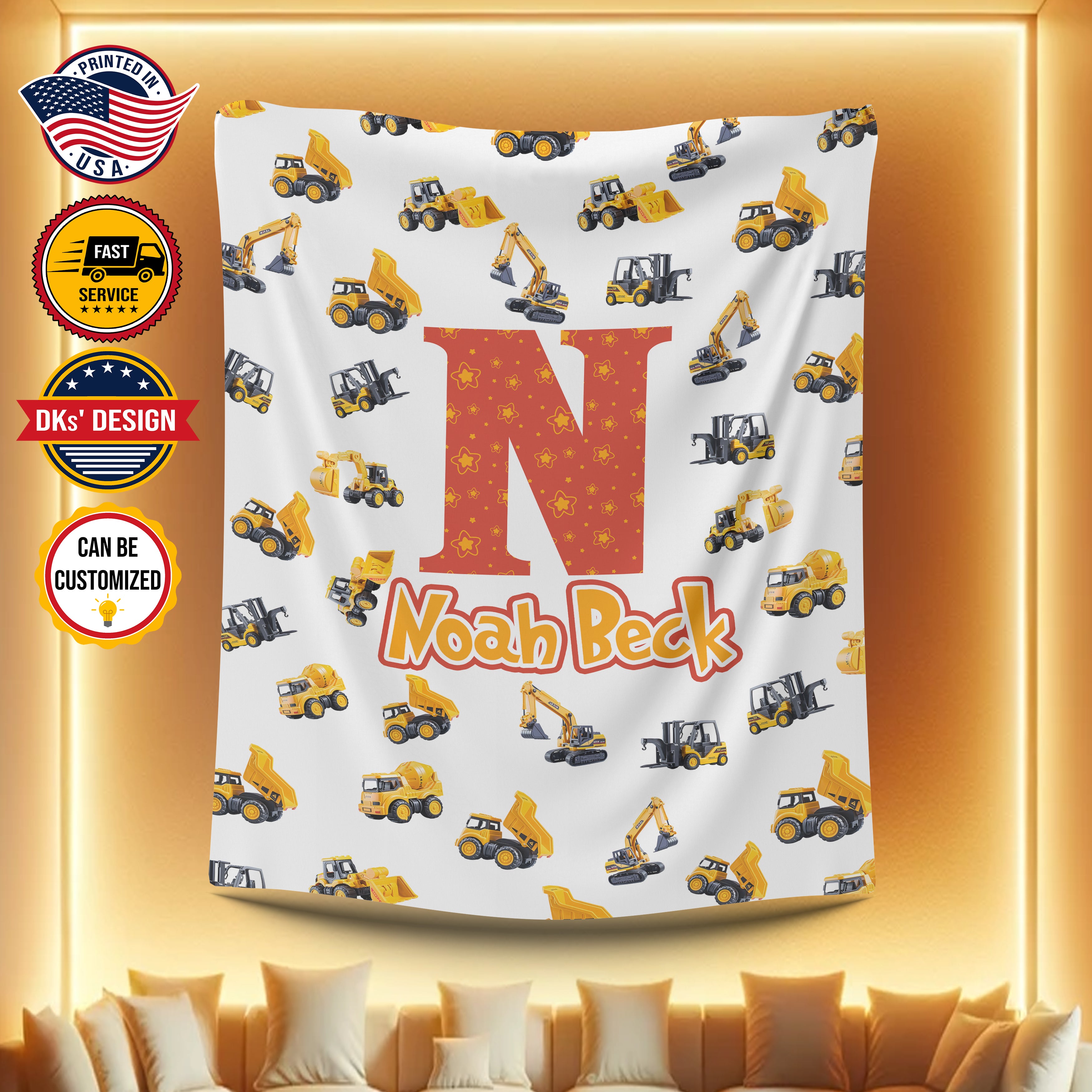 Personalized Construction Vehicle Blanket, Custom Baby Work Vehicles Blanket, Boy Blanket, Tractor Kids Blanket, Construction Trucks Blanket