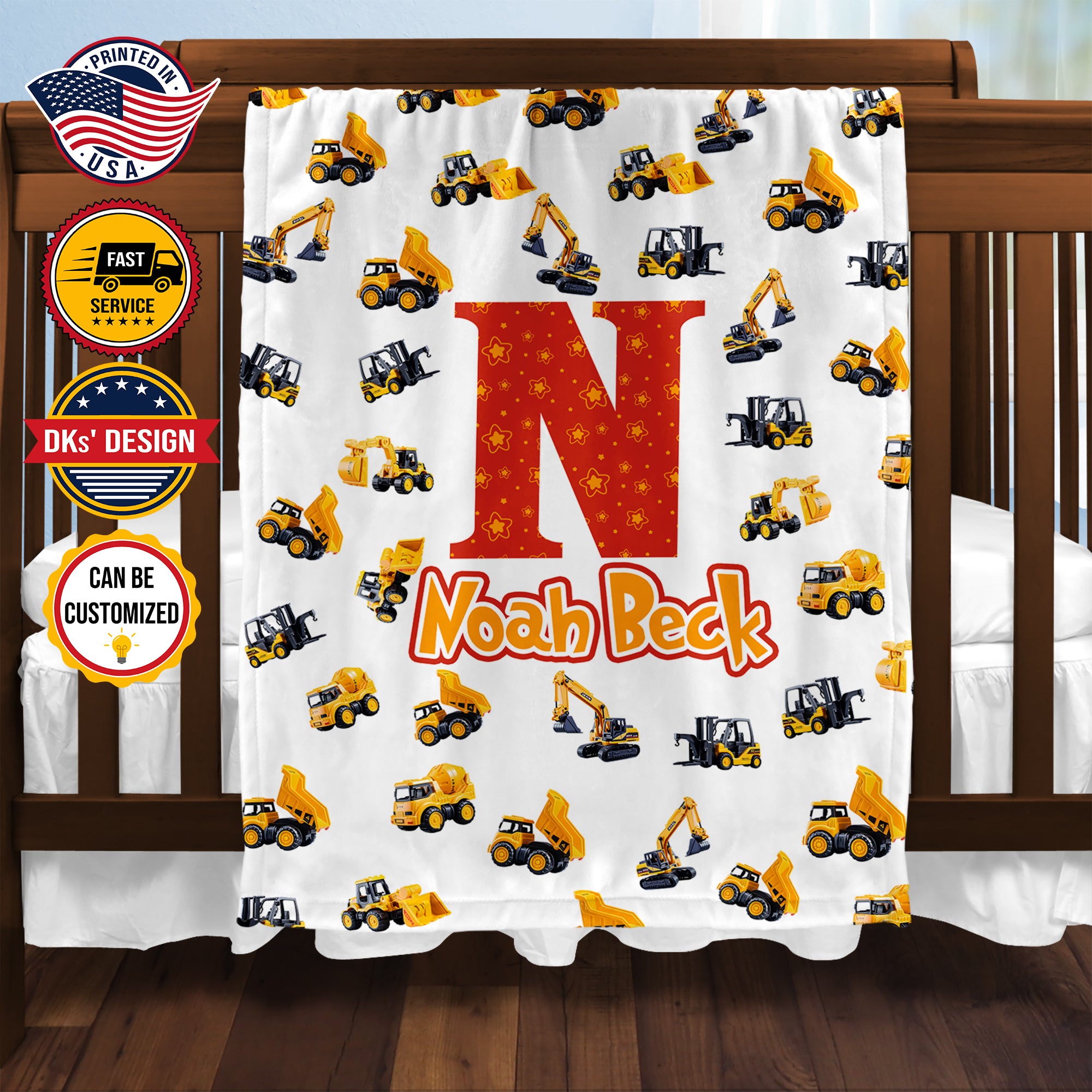 Personalized Construction Vehicle Blanket, Custom Baby Work Vehicles Blanket, Boy Blanket, Tractor Kids Blanket, Construction Trucks Blanket