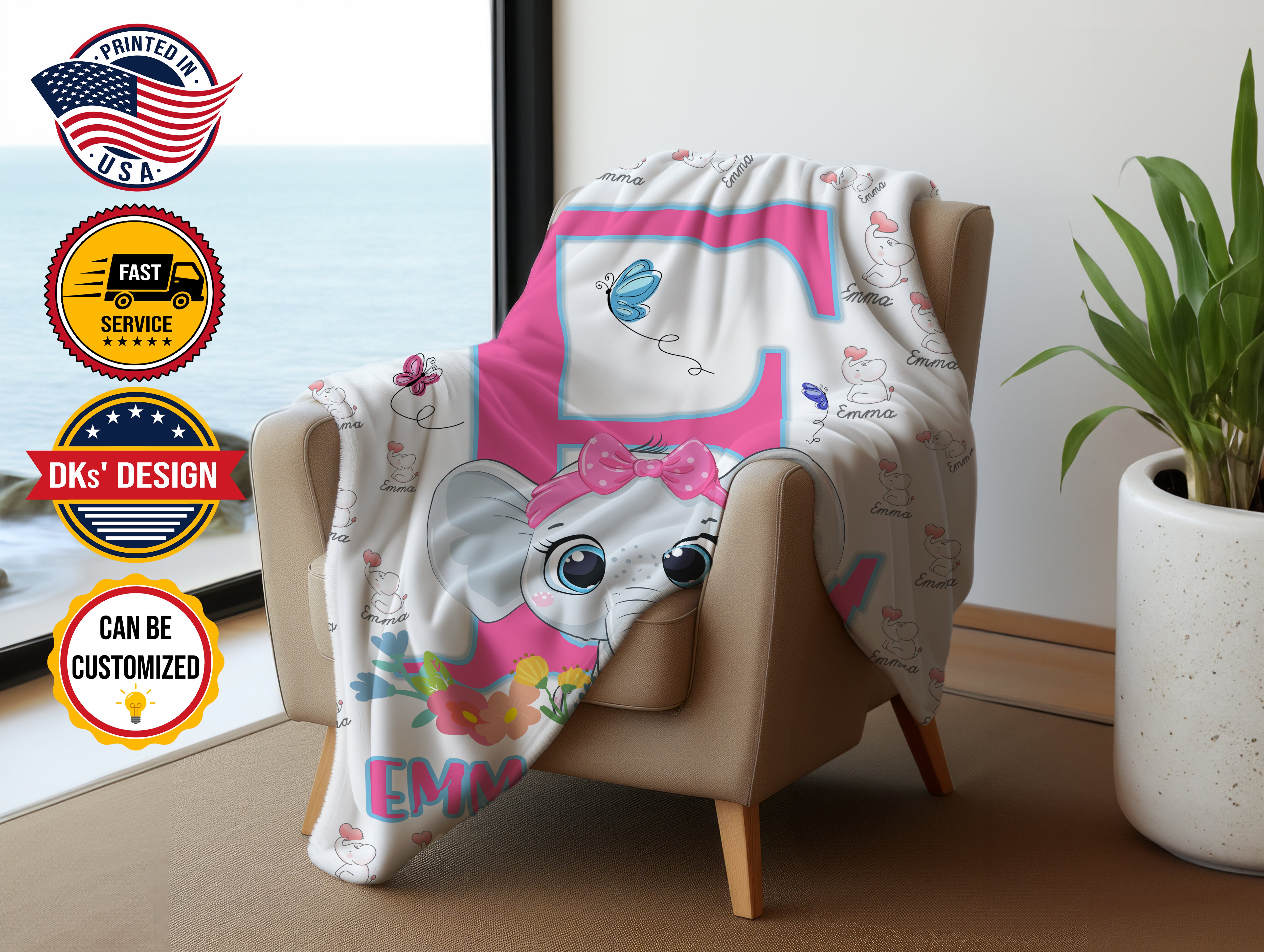 Personalized Baby Blanket, Custom Baby Girl Elephant Blanket, Girl Blanket, Initial Blanket, Elephant Name Blanket, Baby Shower Gift