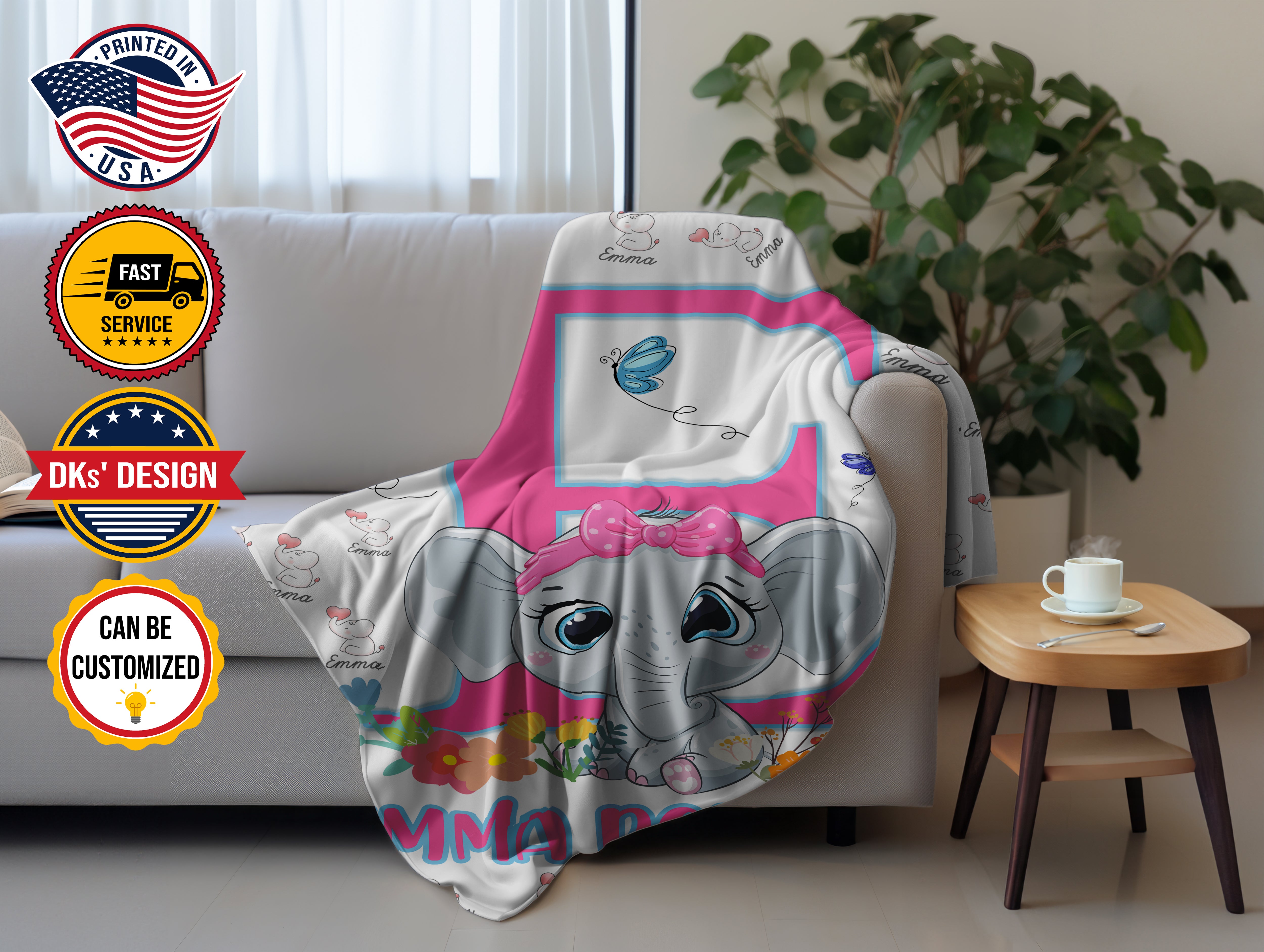 Personalized Baby Blanket, Custom Baby Girl Elephant Blanket, Girl Blanket, Initial Blanket, Elephant Name Blanket, Baby Shower Gift