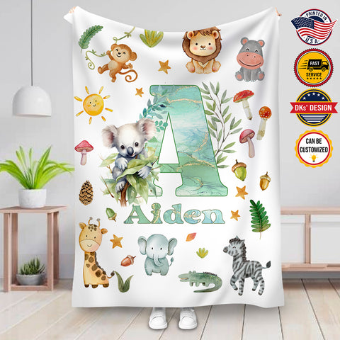 Image of USA Printed Custom Animal Blanket | Letter And Lion Animals Baby Kid Custom Name Blanket, Personalized Blanket, Sherpa Blanket, Fleece Blanket, Baby Shower Gifts, Birthday Gifts, Christmas Gifts For Son For Boy
