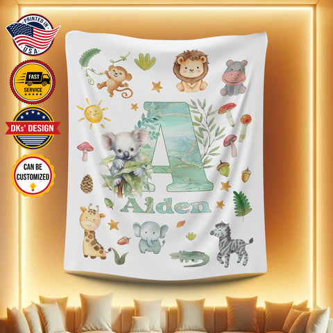 Image of USA Printed Custom Animal Blanket | Letter And Lion Animals Baby Kid Custom Name Blanket, Personalized Blanket, Sherpa Blanket, Fleece Blanket, Baby Shower Gifts, Birthday Gifts, Christmas Gifts For Son For Boy