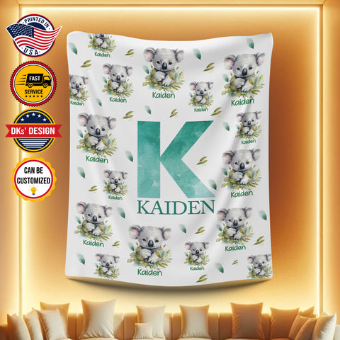 Image of USA Printed Custom Blanket, Koala Bear Baby Blanket, Personalized Baby Blanket, Baby Koala Blanket, Custom Name Blanket, Boy Blanket, Koala Sherpa Blanket, Fleece Blanket, Baby Shower Gift