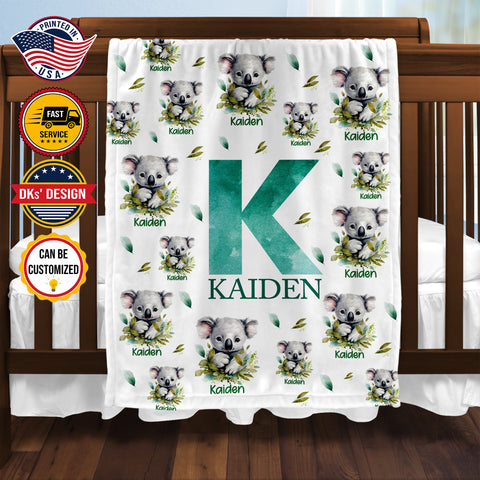 Image of USA Printed Custom Blanket, Koala Bear Baby Blanket, Personalized Baby Blanket, Baby Koala Blanket, Custom Name Blanket, Boy Blanket, Koala Sherpa Blanket, Fleece Blanket, Baby Shower Gift