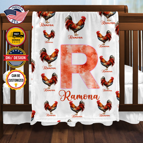 Image of Personalized Rooster Girl Blanket, Custom Chicken Baby Blanket, Custom Name Blanket, Farm Animal Blanket, Rooster Baby Blanket, Baby Animals Blanket