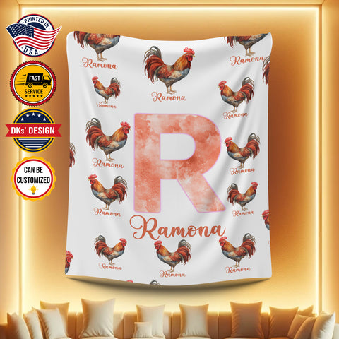 Image of Personalized Rooster Girl Blanket, Custom Chicken Baby Blanket, Custom Name Blanket, Farm Animal Blanket, Rooster Baby Blanket, Baby Animals Blanket