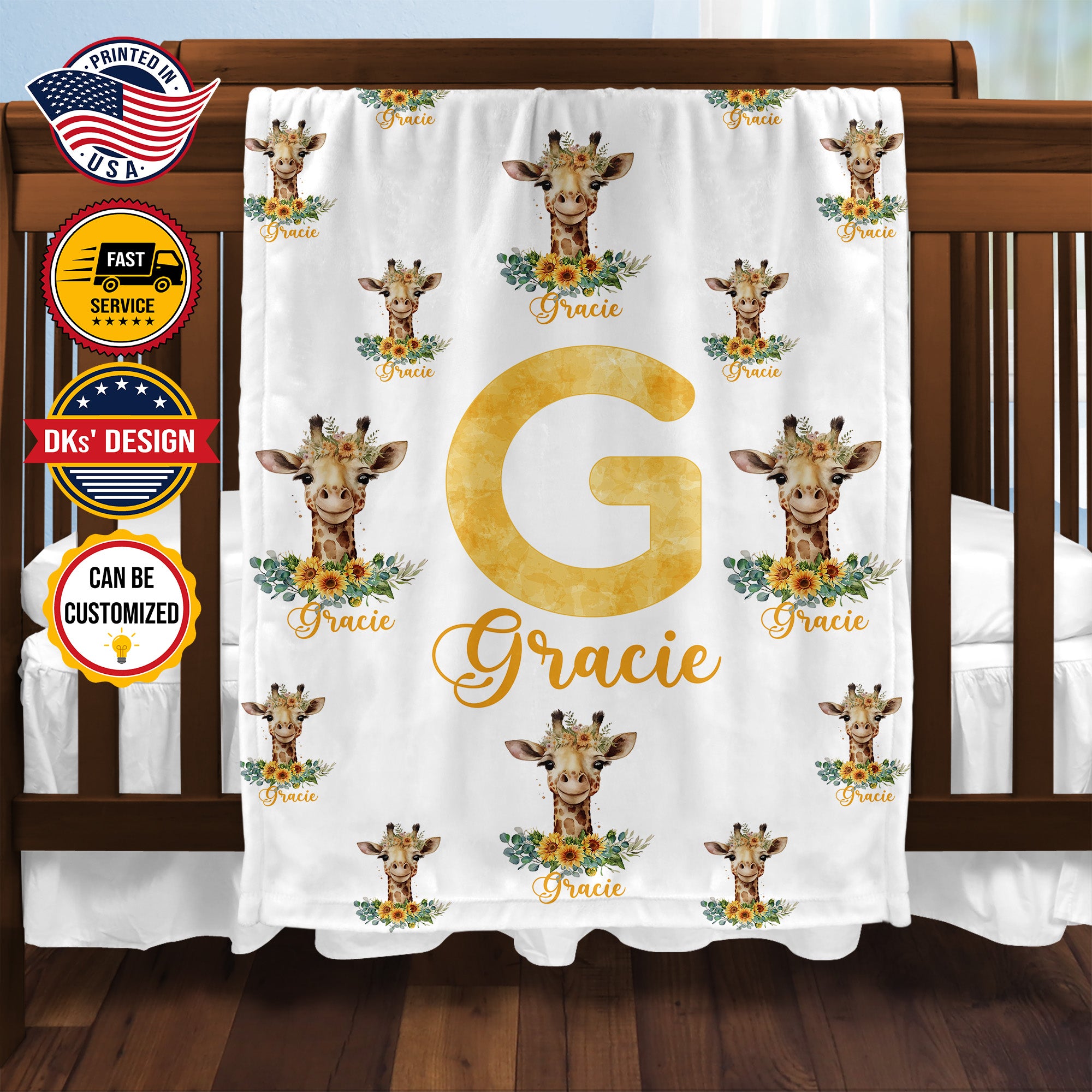 Personalized Giraffe Baby Blanket, Custom Baby Giraffe Floral Blanket, Custom Name Blanket, Baby Animals Blanket, Baby Shower Gift