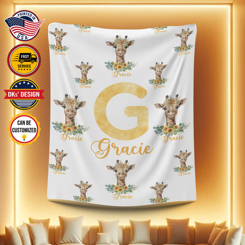 Image of Personalized Giraffe Baby Blanket, Custom Baby Giraffe Floral Blanket, Custom Name Blanket, Baby Animals Blanket, Baby Shower Gift