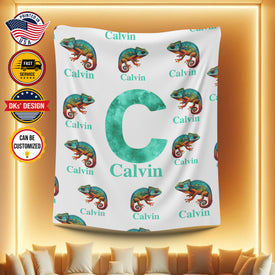 Personalized Chameleon Boy Blanket, Custom Chameleon Baby Blanket, Initial Blanket, Chameleon Lover Blanket, Lizard Blanket, Baby Animals Blanket