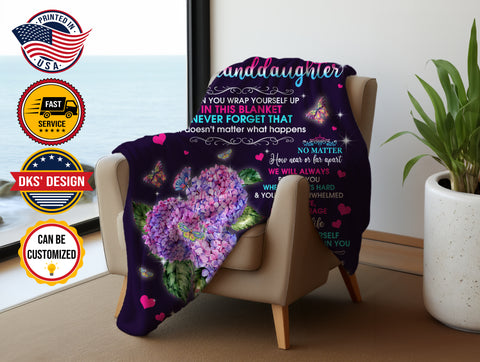 Image of USA Printed Custom Blanket, Hydrangea To My Granddaughter Blanket, Personalize Blanket, Message Blanket, Granddaughter Blanket, Blanket For Daughter, Custom Name Throw Blanket, Sherpa Blanket, Fleece Blanket