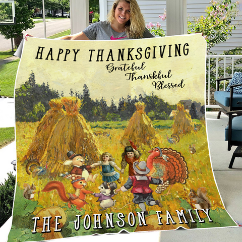 Image of Personalized Happy Thanksgiving Blanket, Custom Name Blanket, Rustic Farm Blanket, Turkey Sherpa Blanket, Thanksgiving Gift