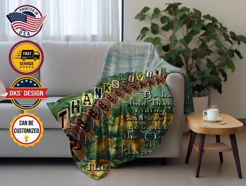Image of USA Printed Custom Blanket, Thanksgiving Greeting Vintage Blanket, Personalized Blanket, Colorful Thanksgiving Blanket, Custom Name Blanket, Turkey Feast Blanket, Fleece Blanket
