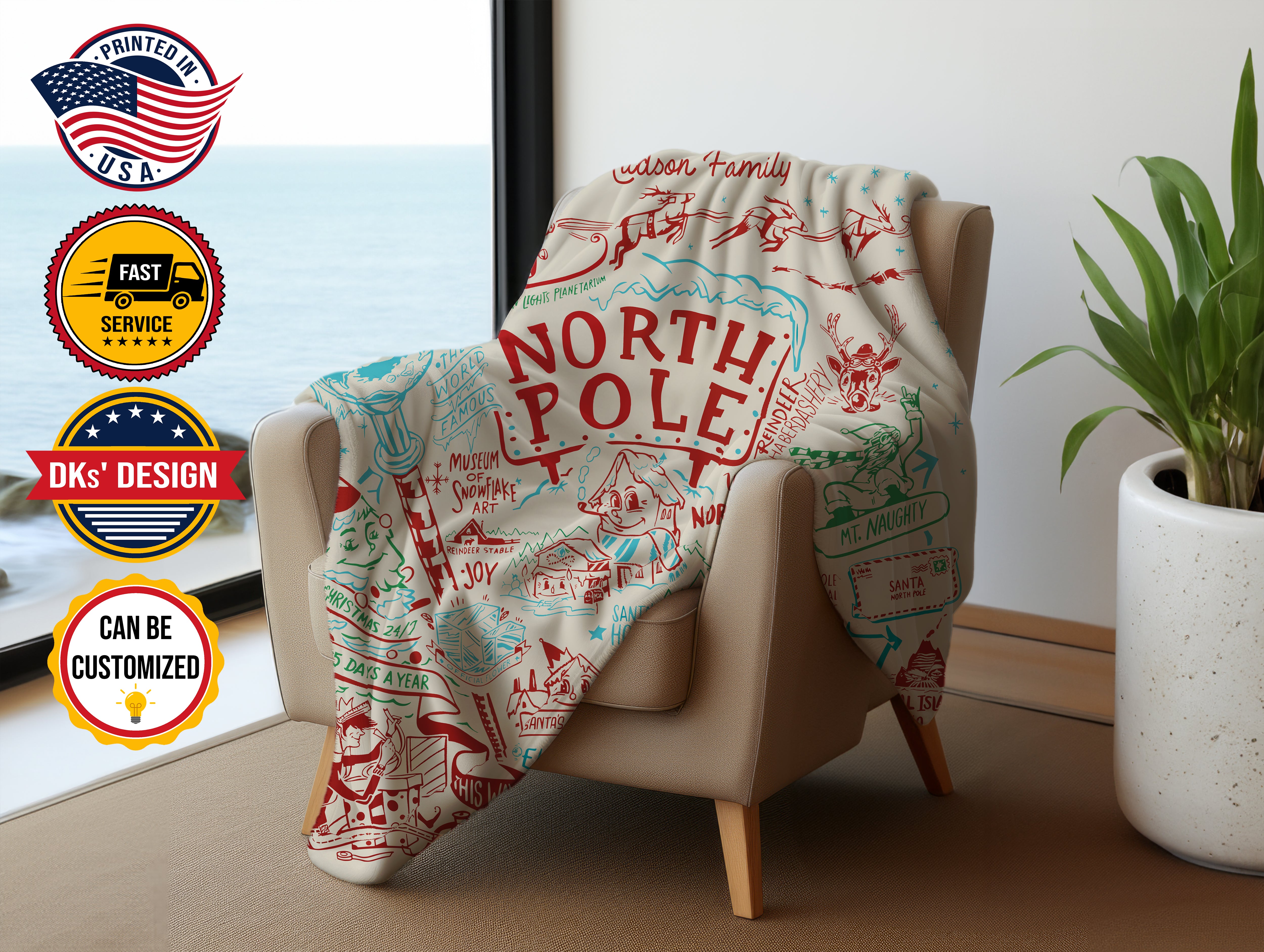 Personalized The North Pole Christmas Blanket, Custom Family Christmas Blanket, North Pole City Blanket, North Pole Map Blanket, Christmas Gift