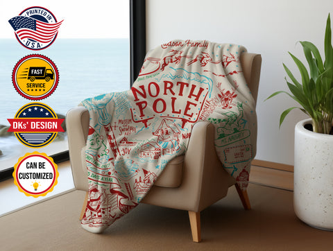Personalized The North Pole Christmas Blanket, Custom Family Christmas Blanket, North Pole City Blanket, North Pole Map Blanket, Christmas Gift