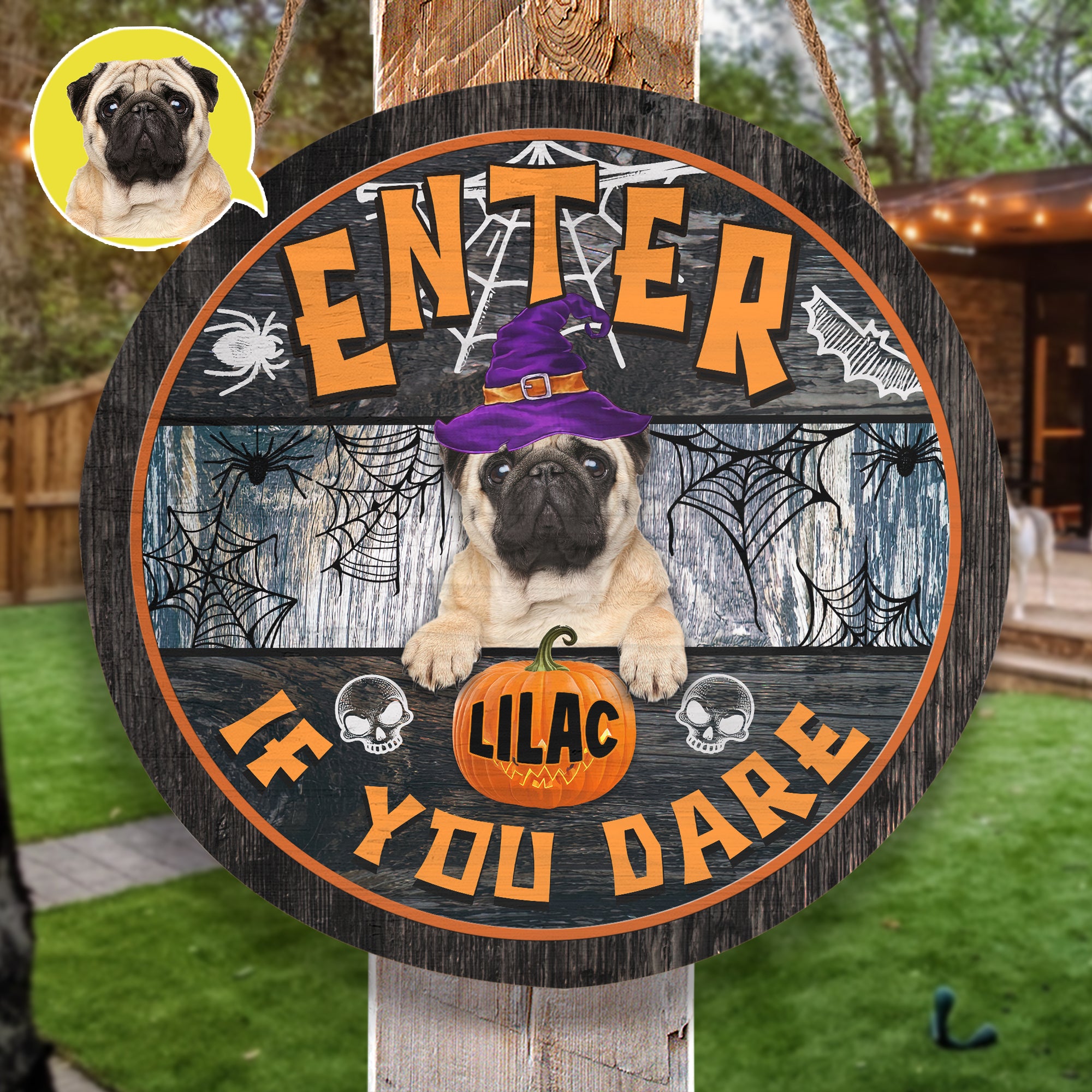 Personalized Pet Photo Door Hanger, "Enter If You Dare" Dog Cat Halloween Round Wooden Sign, Halloween Round Sign
