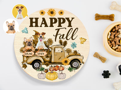 Personalized Pet Photo Door Hanger, "Happy Fall" Dog Cat Round Wooden Sign, Happy Fall Autumn Dog Sign