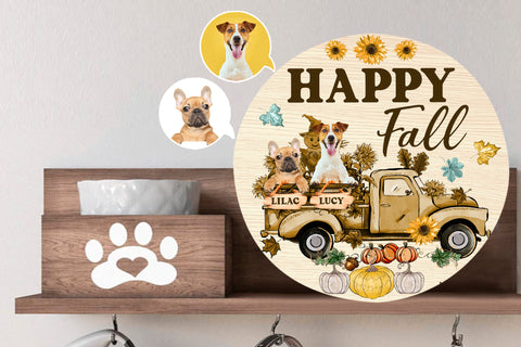 Image of Personalized Pet Photo Door Hanger, "Happy Fall" Dog Cat Round Wooden Sign, Happy Fall Autumn Dog Sign