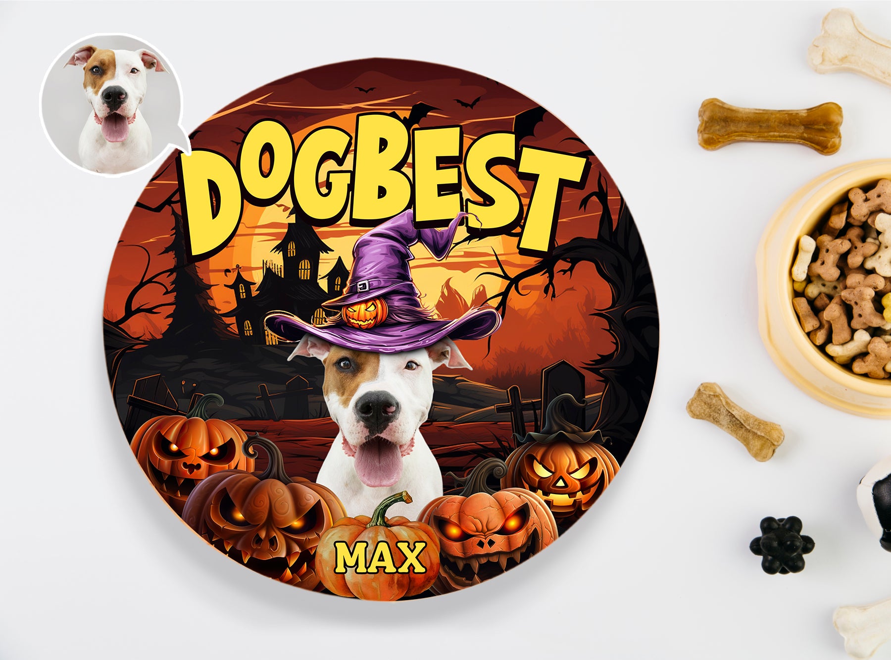 Personalized Pet Photo Door Hanger, "Dogbest" Dog Halloween Round Wooden Sign, Pet Halloween Round Sign